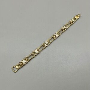 Bracelet Gold Tone Clear Rhinestone Crystal Ornate Link Toggle Statement 8.25"